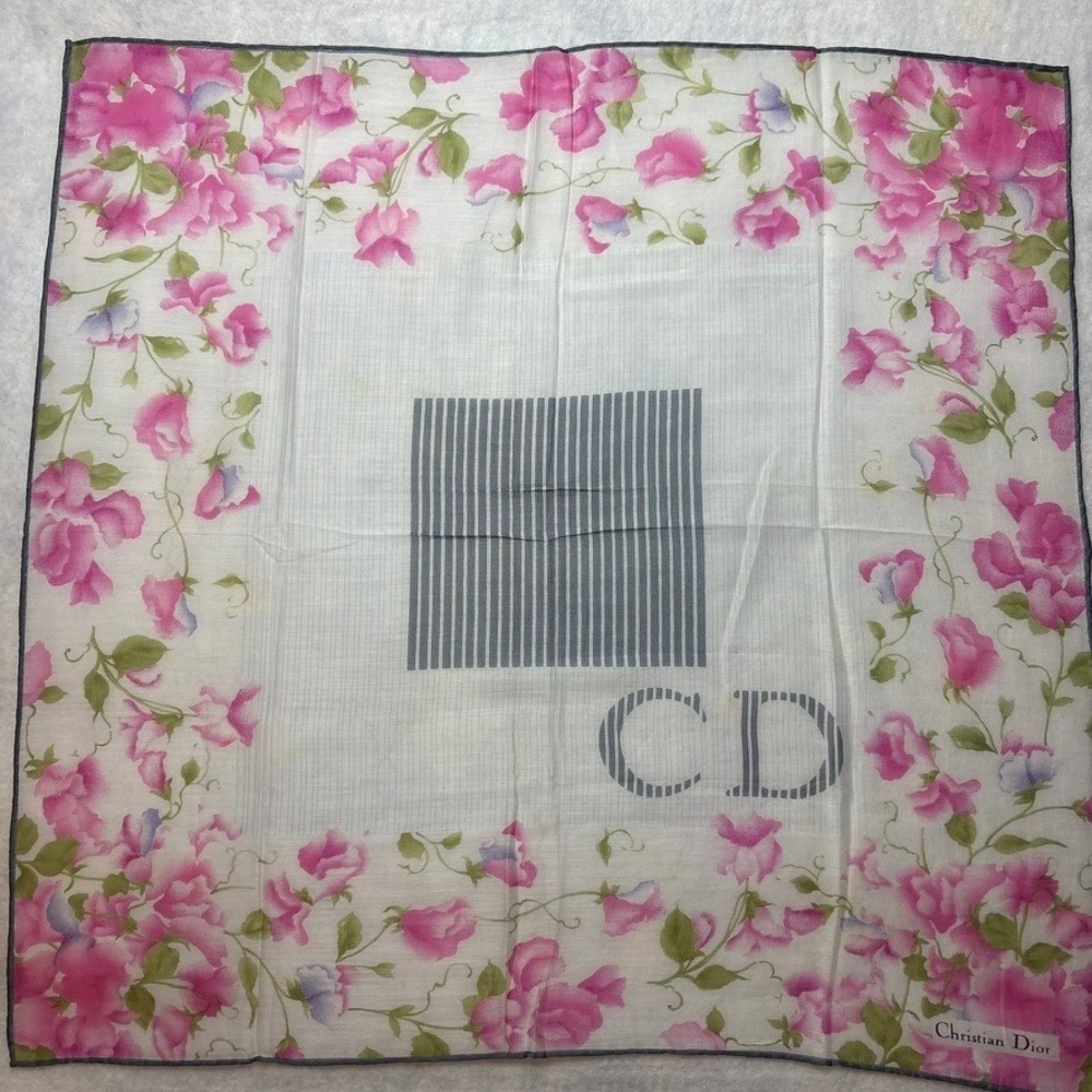 VTG CHRISTIAN DIOR Scarf Handkerchief Floral Cotton White Pink 19x19